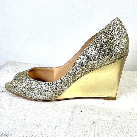 Badgley Mischka Gold Glitter Wedge Heels Size 7 1/2 - Picture 11 of 16